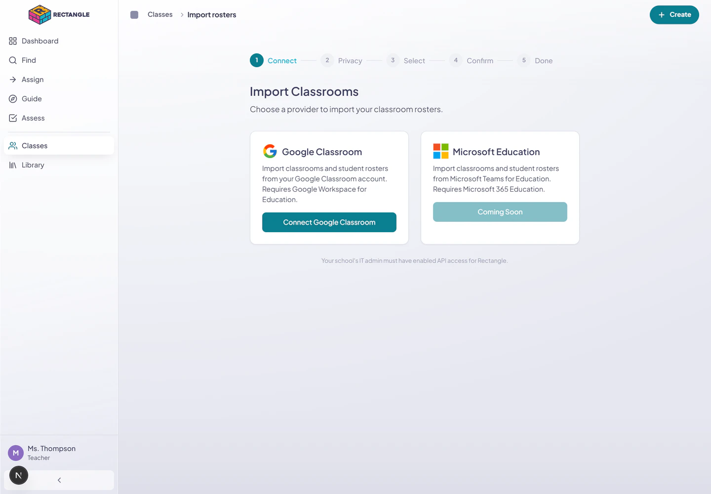 The Import Classrooms flow at the provider step, with Google Classroom available and Microsoft Education marked Coming Soon.