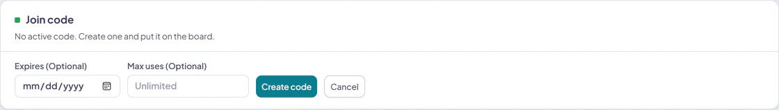 The Join code section with the New code form open, including expiration and maximum-use options and the Create code action.