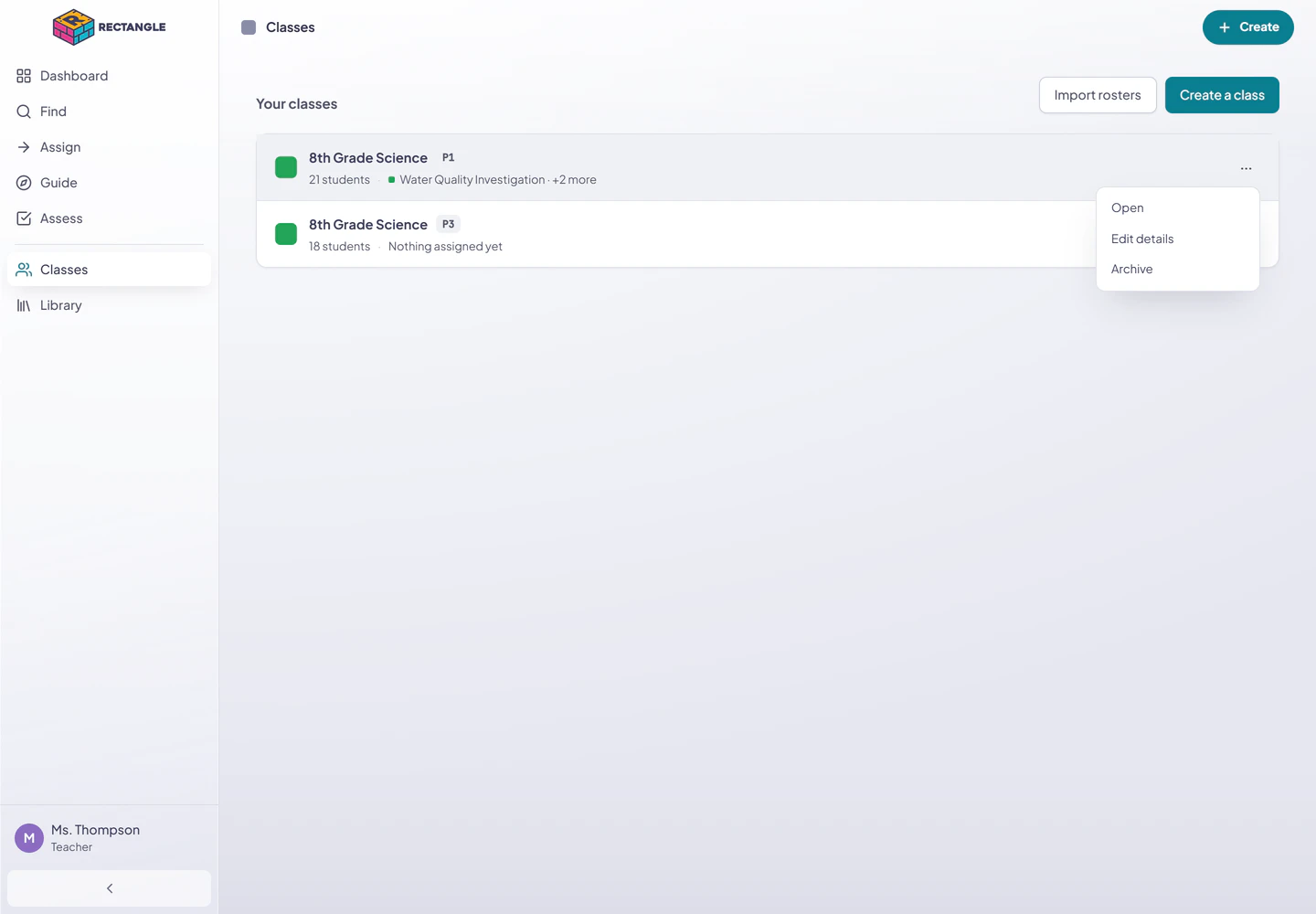 The Classes list with one class action menu open to Open, Edit details, and Archive.