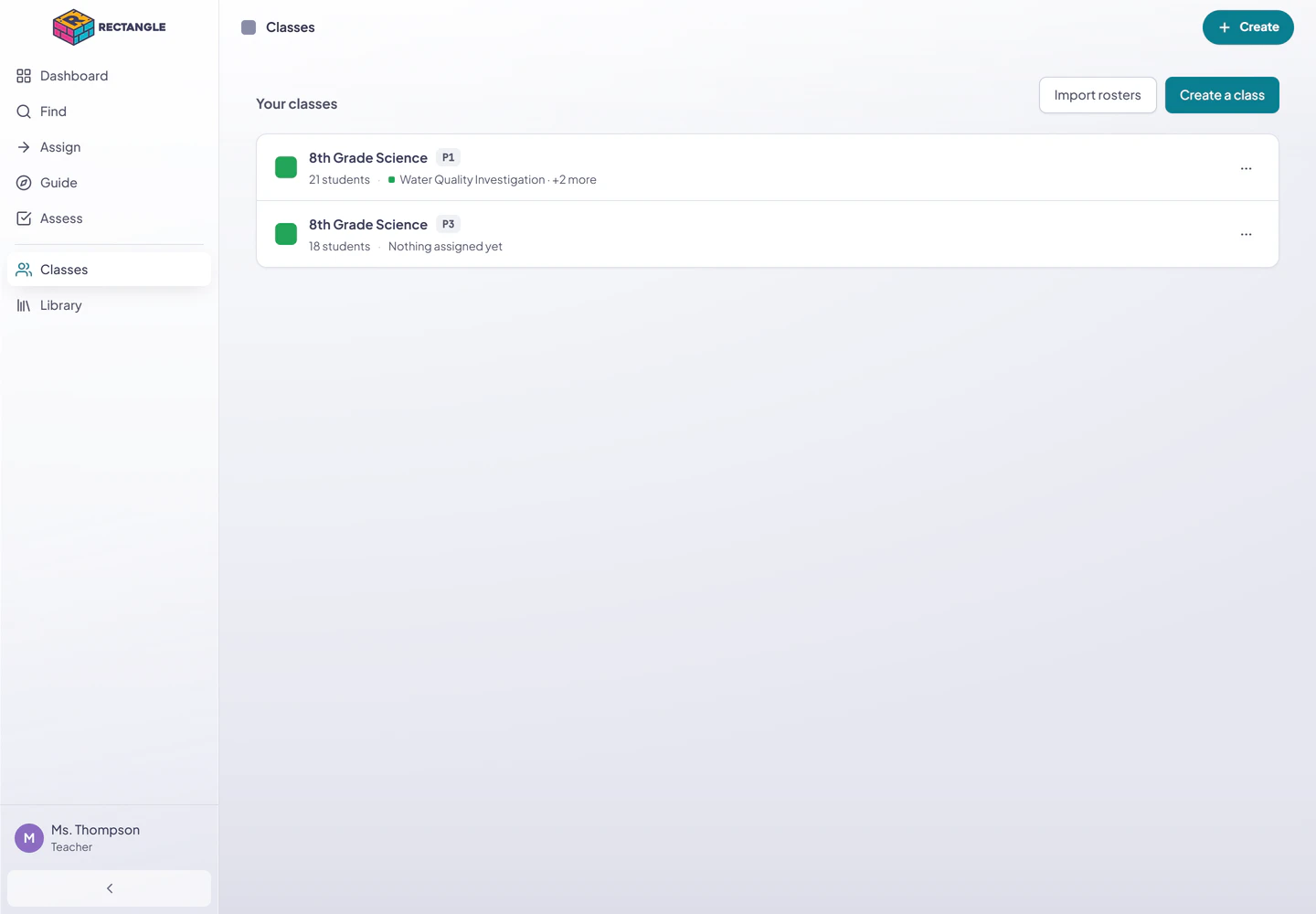 The Classes page in Rectangle, with the class list and the Import rosters and Create a class actions visible.