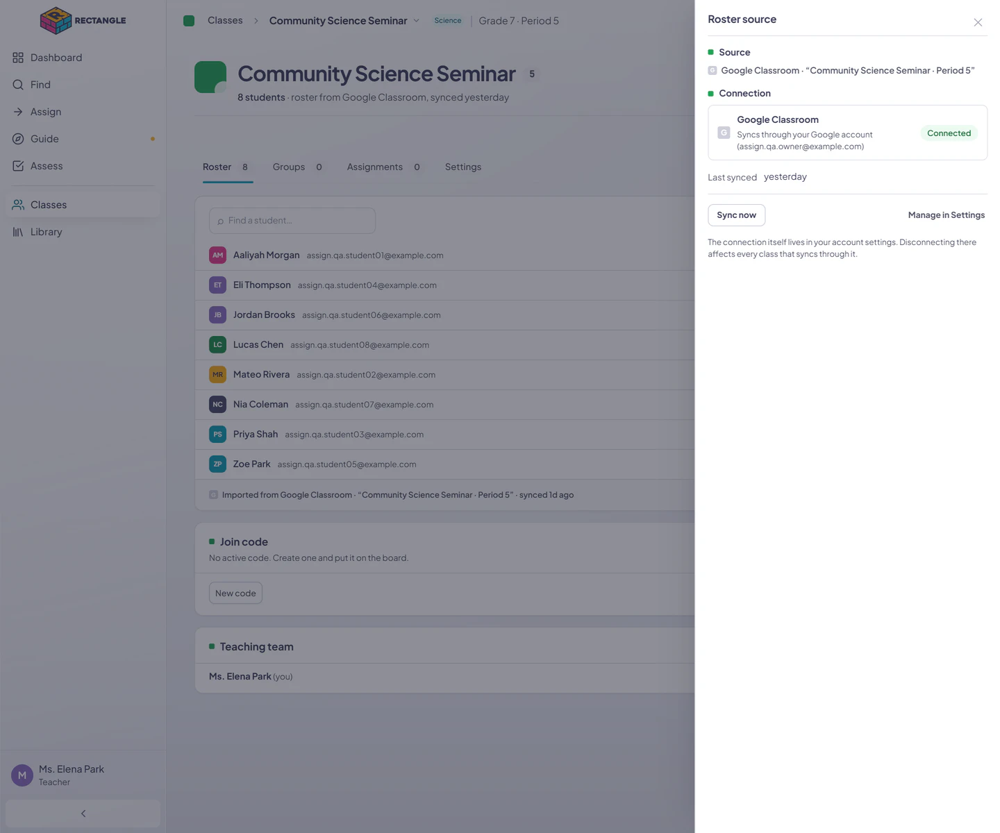 The Community Science Seminar roster with its Google Classroom roster-source panel open, showing the connected account, last sync time, Sync now, and Manage in Settings.