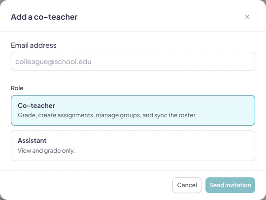The Add a co-teacher dialog with an email field and role choices for Co-teacher and Assistant.