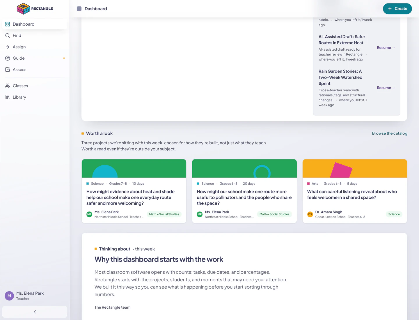 The lower part of Rectangle Teacher home with three curated project cards, the Browse the catalog door, and the current Thinking about editorial link.