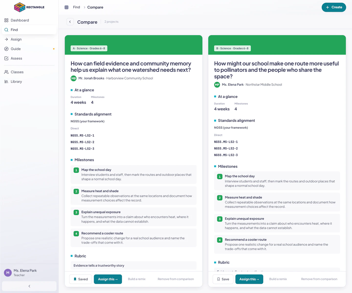The two-project Compare route in Rectangle with parallel project panels for duration, standards, milestones, rubric, and Save, Assign, Remix, and Remove actions.