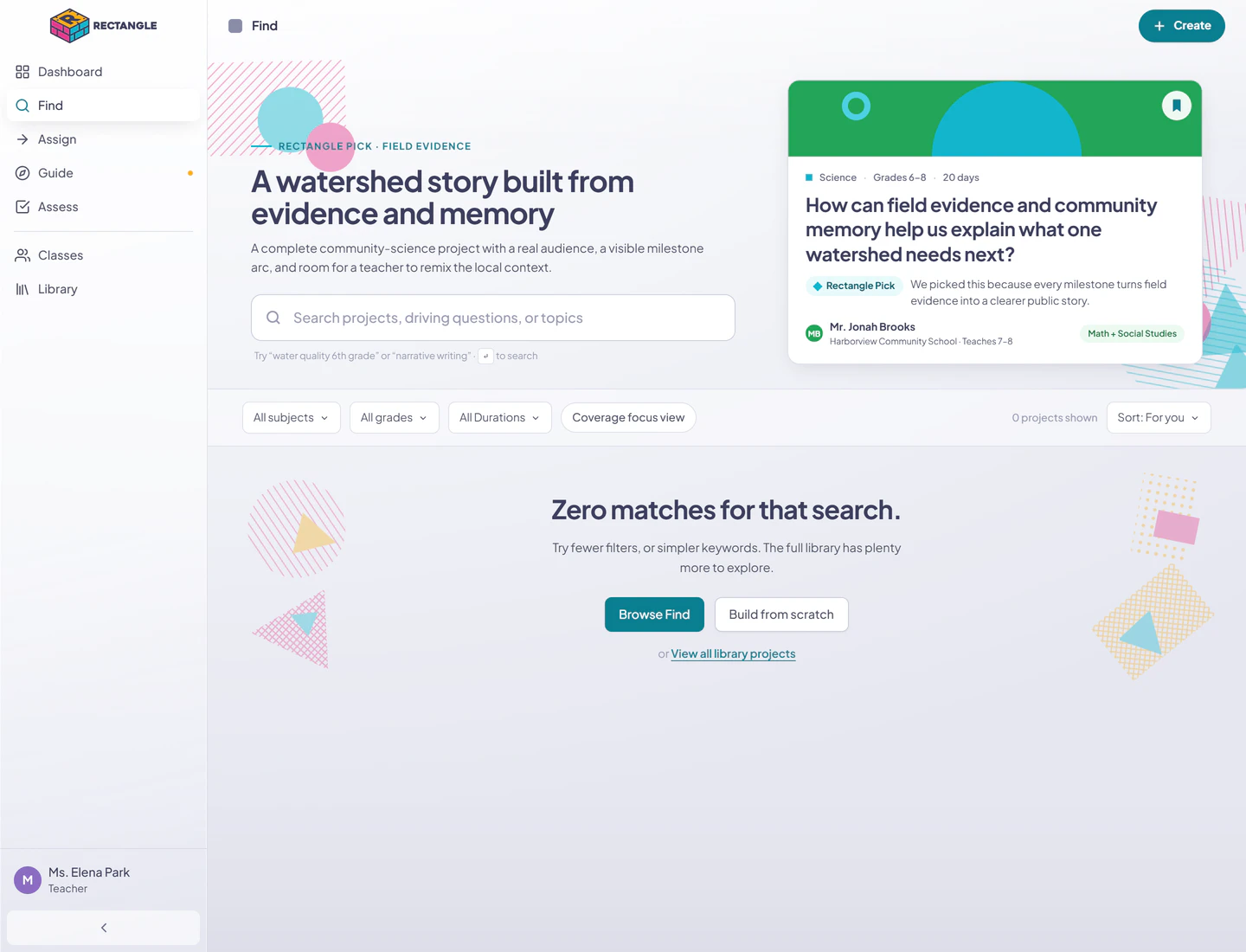 Find with a zero-result search and recovery doors to clear the search, start a project, or view all Library projects.