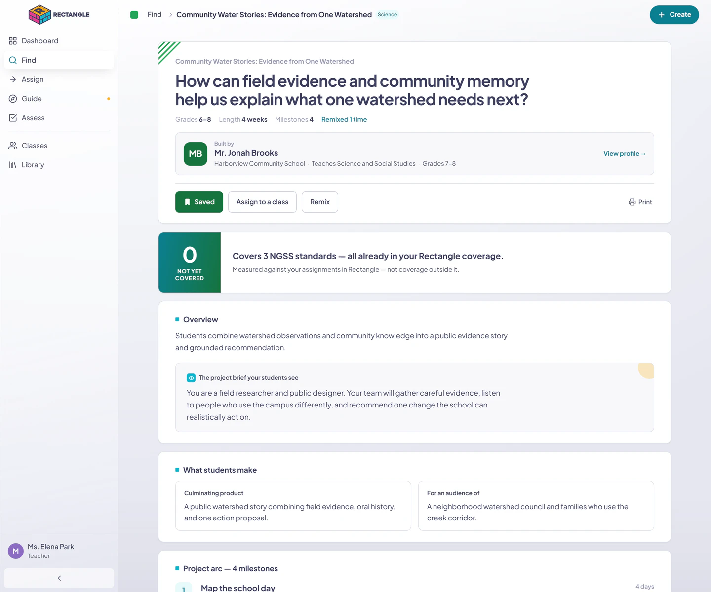 The top of a complete authenticated Find project document with project fit, author, Save, Assign, Remix and Print actions, personalized coverage, overview, student brief, product, and audience.