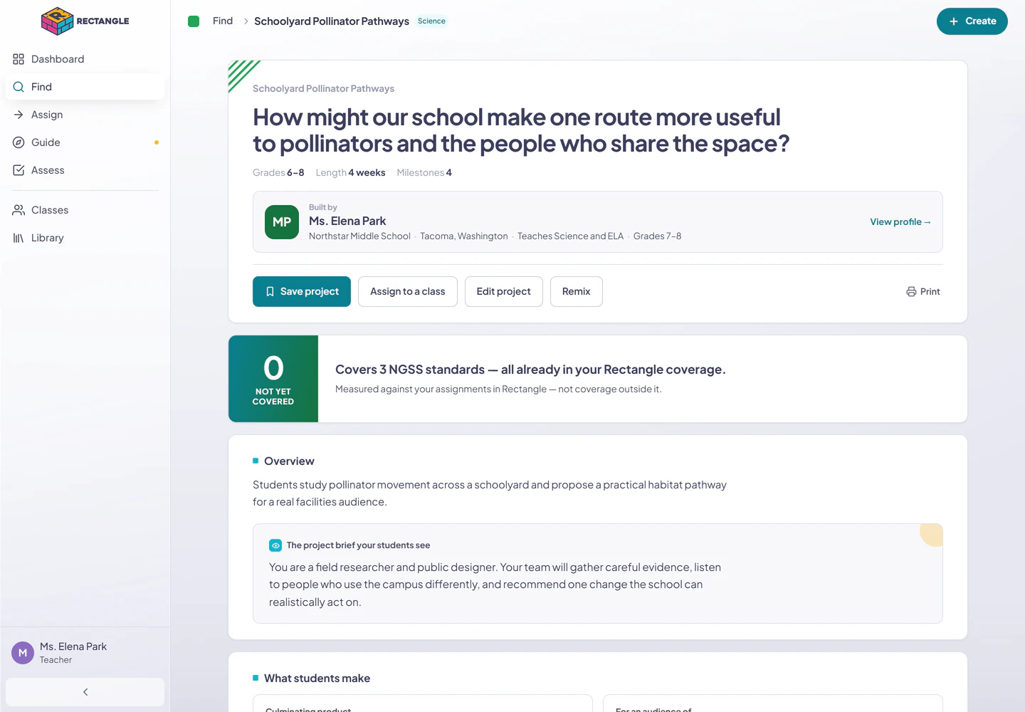 An author-owned Find project document with Save, Assign to a class, Edit project, Remix, and Print actions above the personalized coverage band.