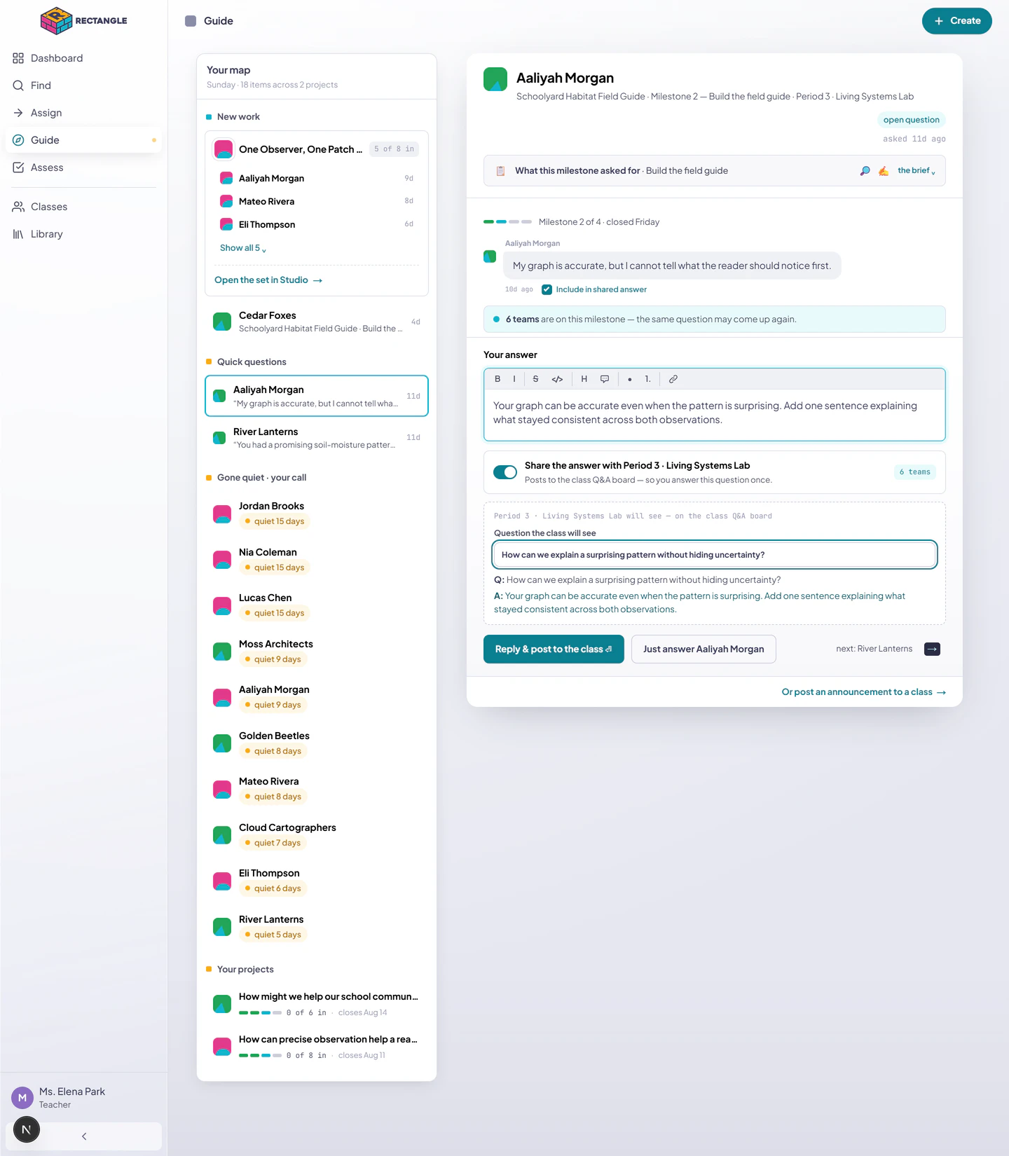 The Guide class-share composer with a private student message selected, a teacher-authored anonymous public question, an answer preview, and separate public-versus-private send actions.