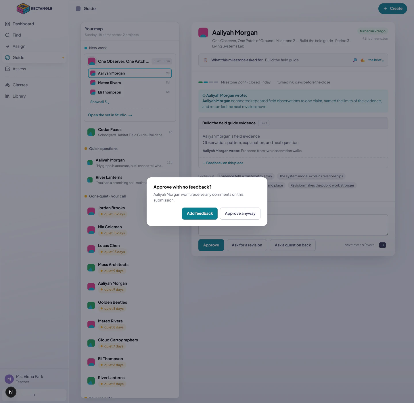 The Guide gentle check shown after selecting Approve with an empty feedback field, offering Add feedback or Approve anyway.