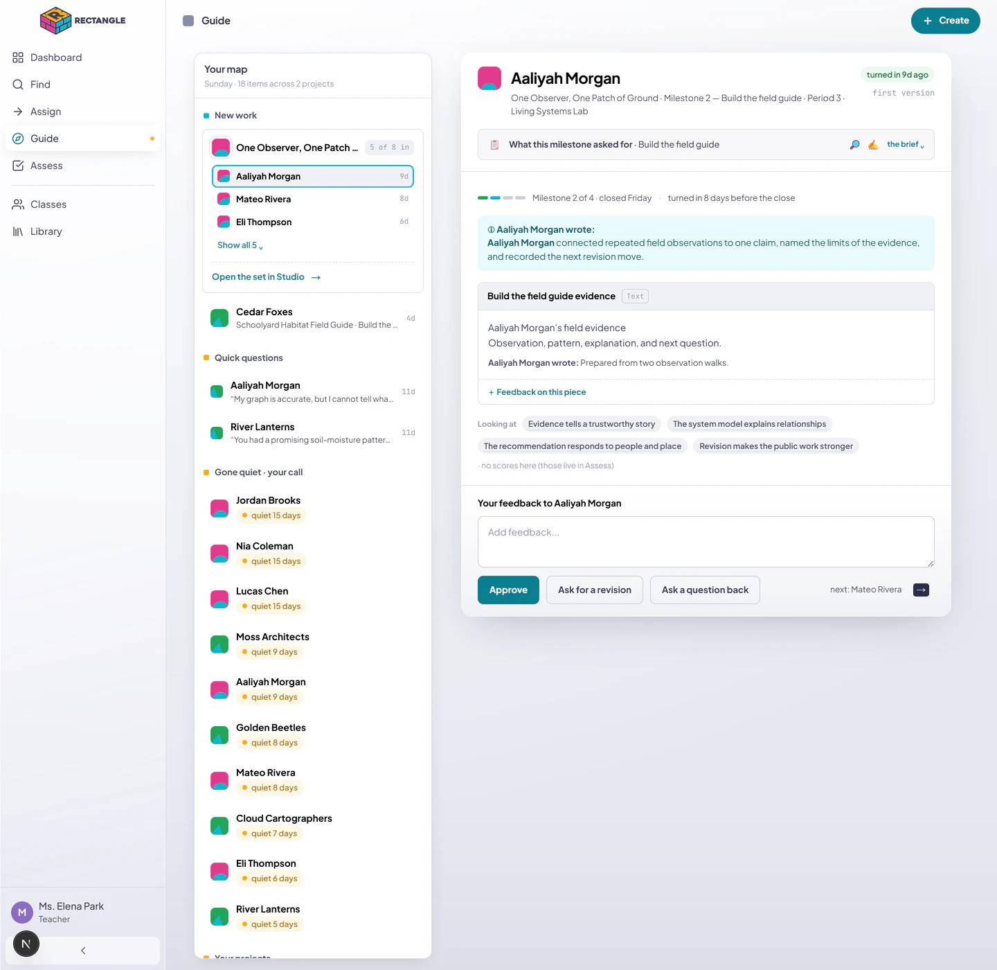 A first-version submission open from the Guide New work lane, with identity, class and milestone context, submitted work, rubric vocabulary, and review actions visible.