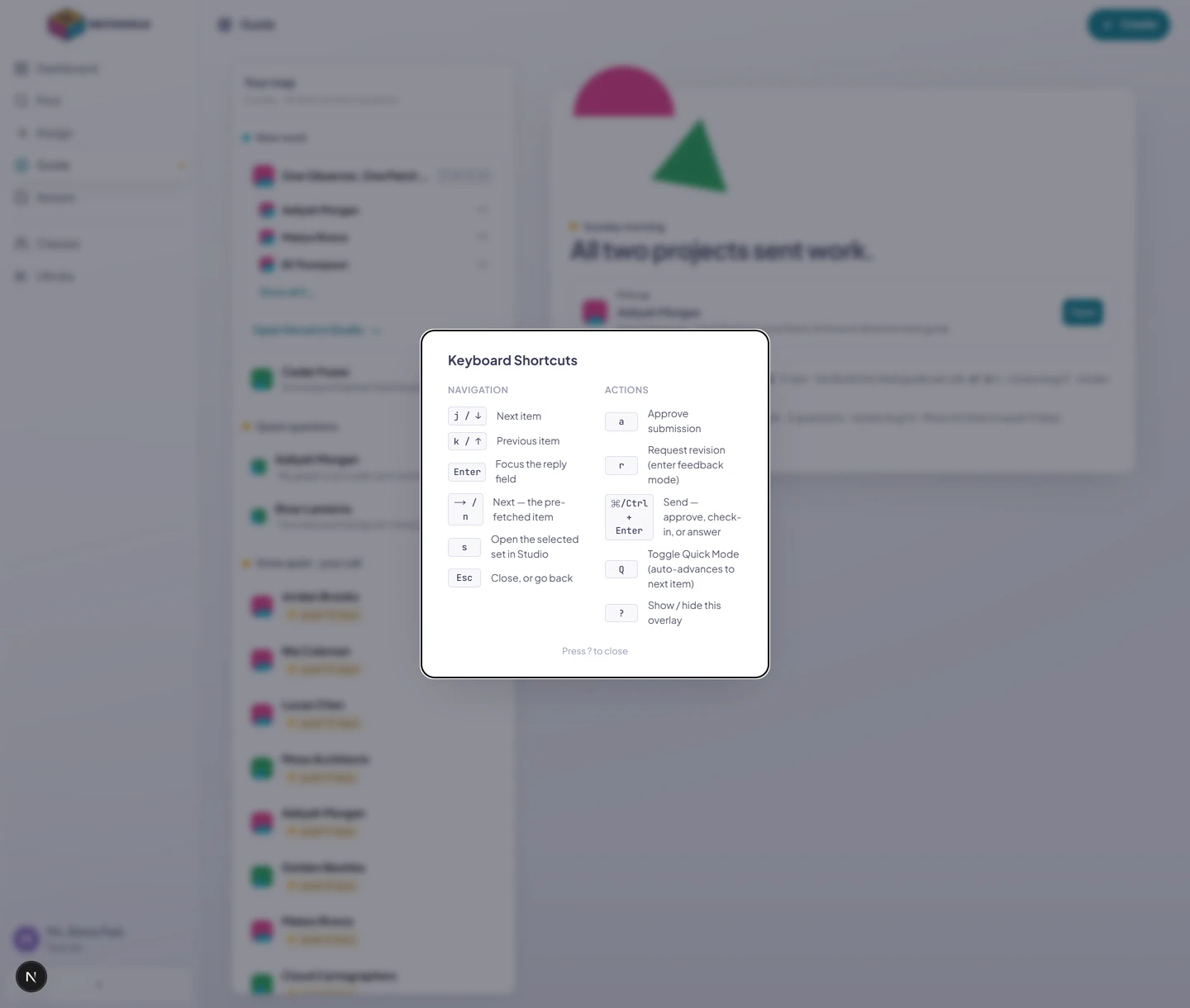 The Guide Keyboard Shortcuts dialog over a populated Guide map, listing navigation, review, Studio, send, and Quick Mode keys.