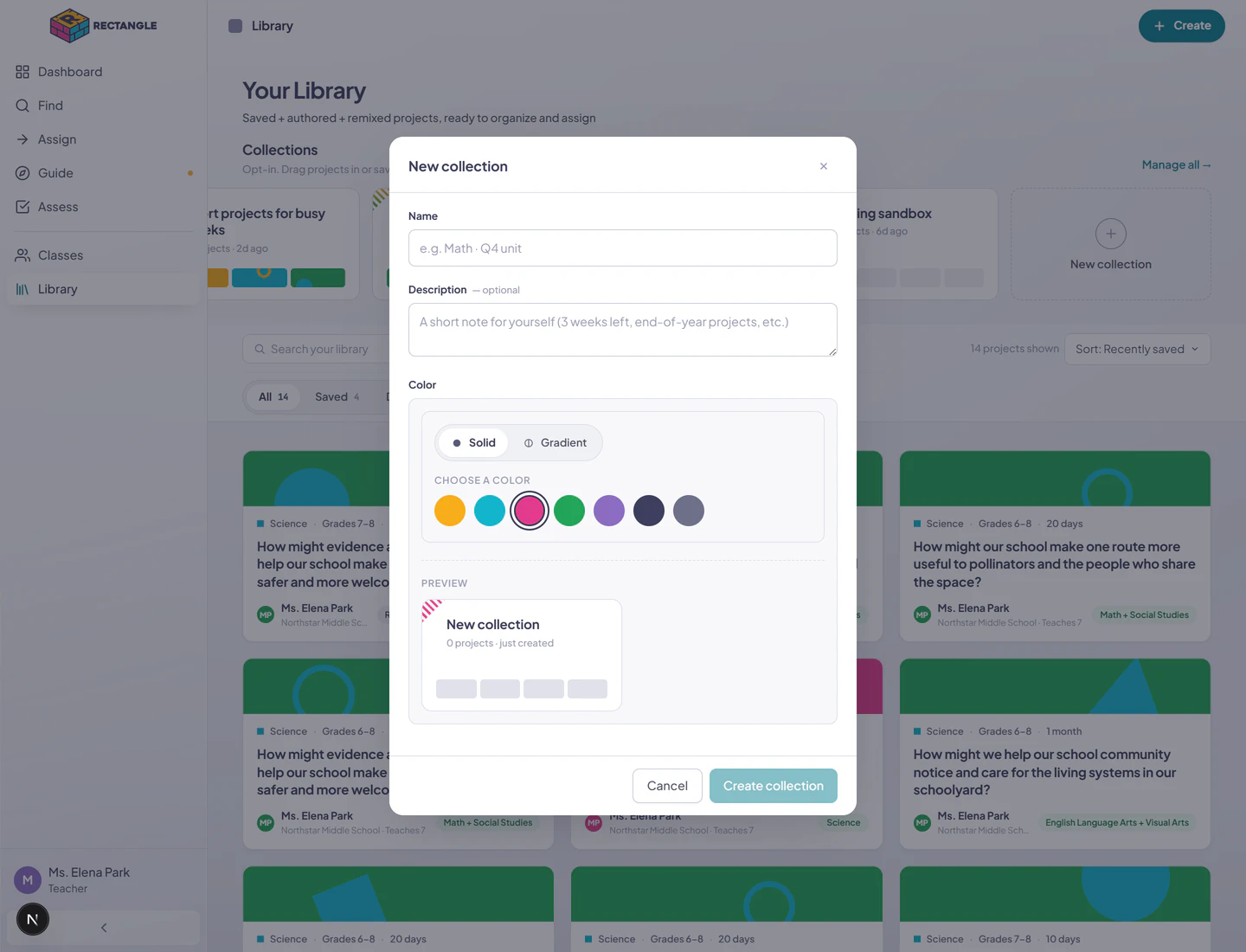 The New collection dialog over Library, with fields for name and optional description, solid and gradient color choices, and a live tile preview.