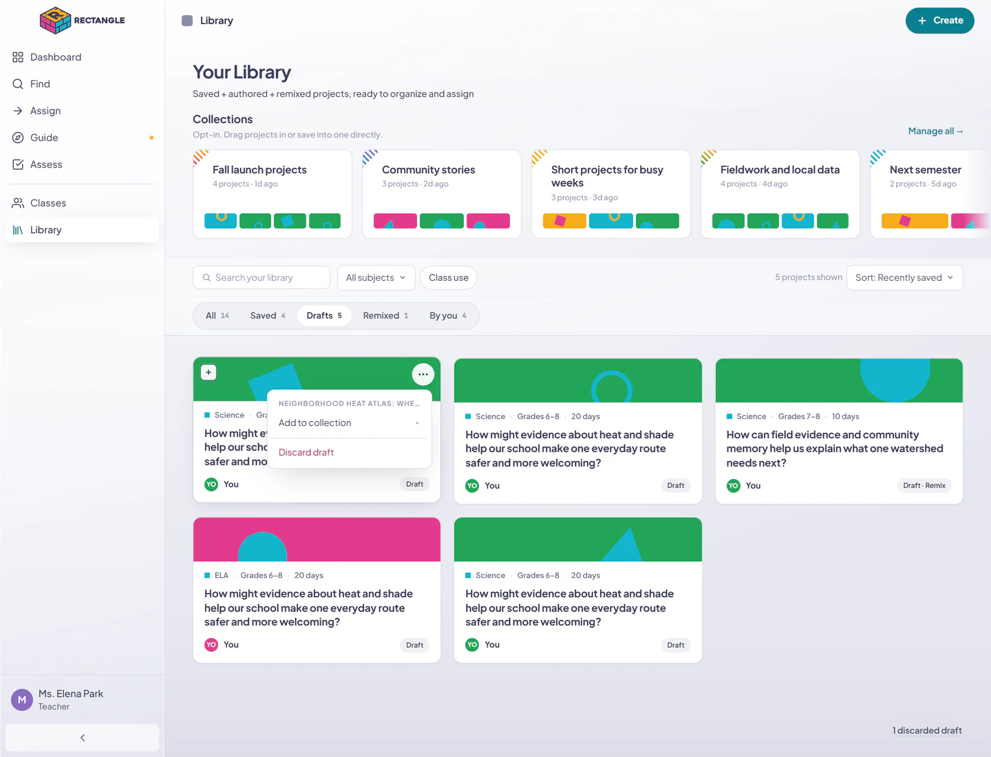 A draft card's project-actions menu open inside the full Library Drafts page, with Add to collection and Discard draft available.