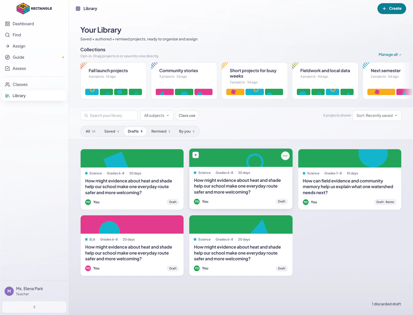 The Library Drafts tab with five active Authoring cards, including blank, pattern, AI-assisted, and remix work in the full Rectangle shell.