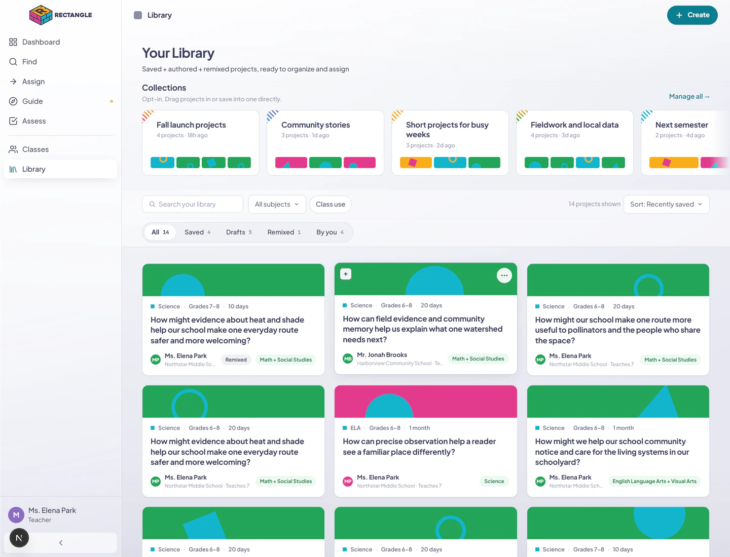 The complete Rectangle Library arrival with the application shell, recent Collections, search and filter controls, five project-type tabs, and a populated project grid.
