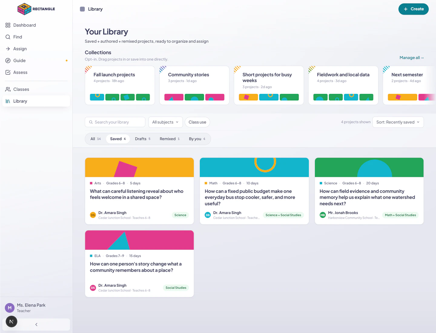 The Library Saved tab showing four saved projects from Math, Science, ELA, and Arts in their subject colors.