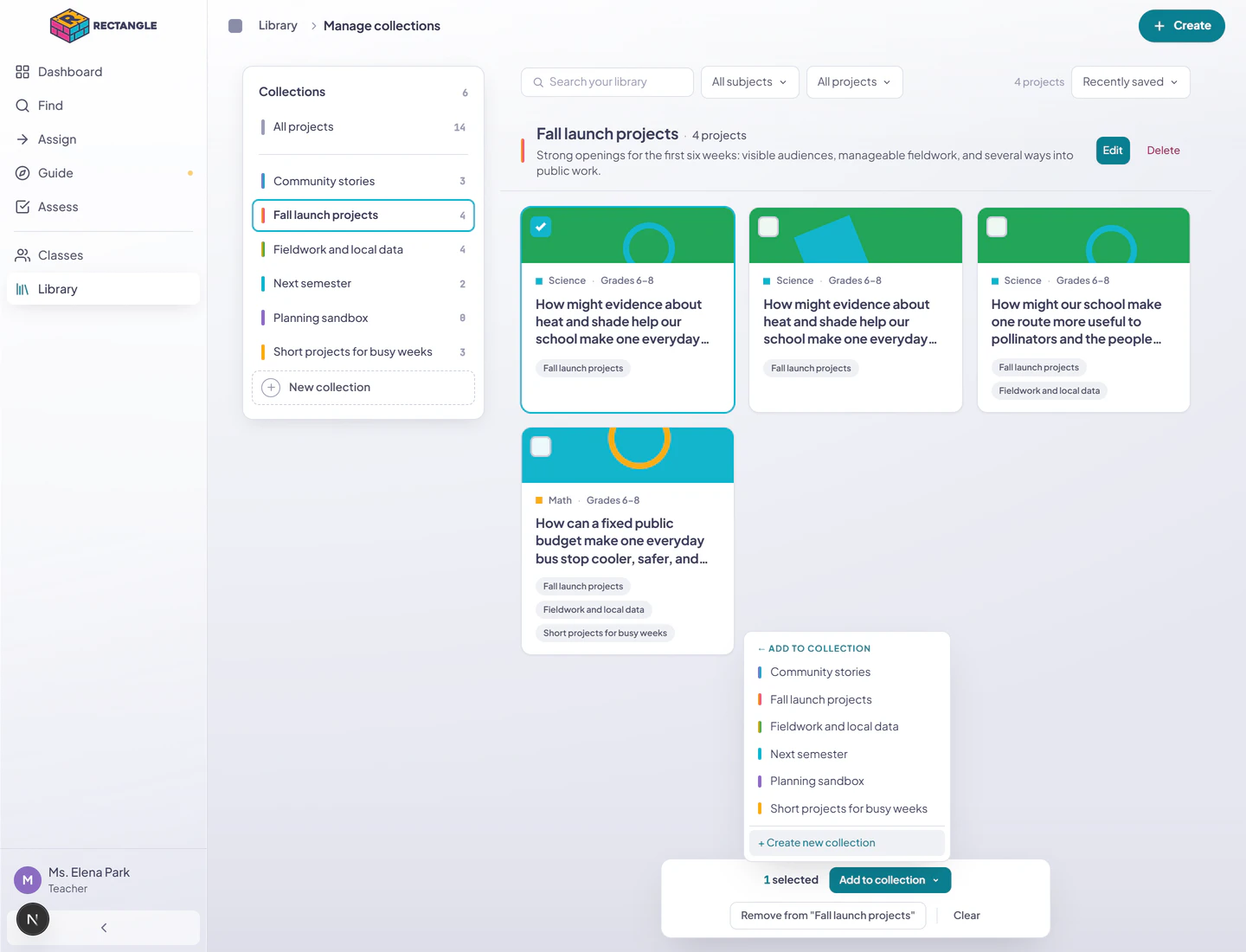 The bulk Add to collection menu open above a selected project, listing every personal Collection and the option to create another.