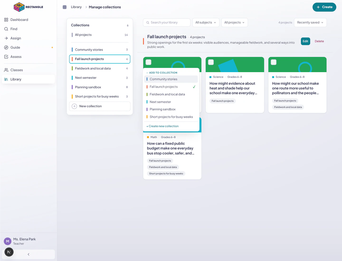 A project action submenu in Manage collections listing every destination Collection while the complete board and source Collection remain visible.