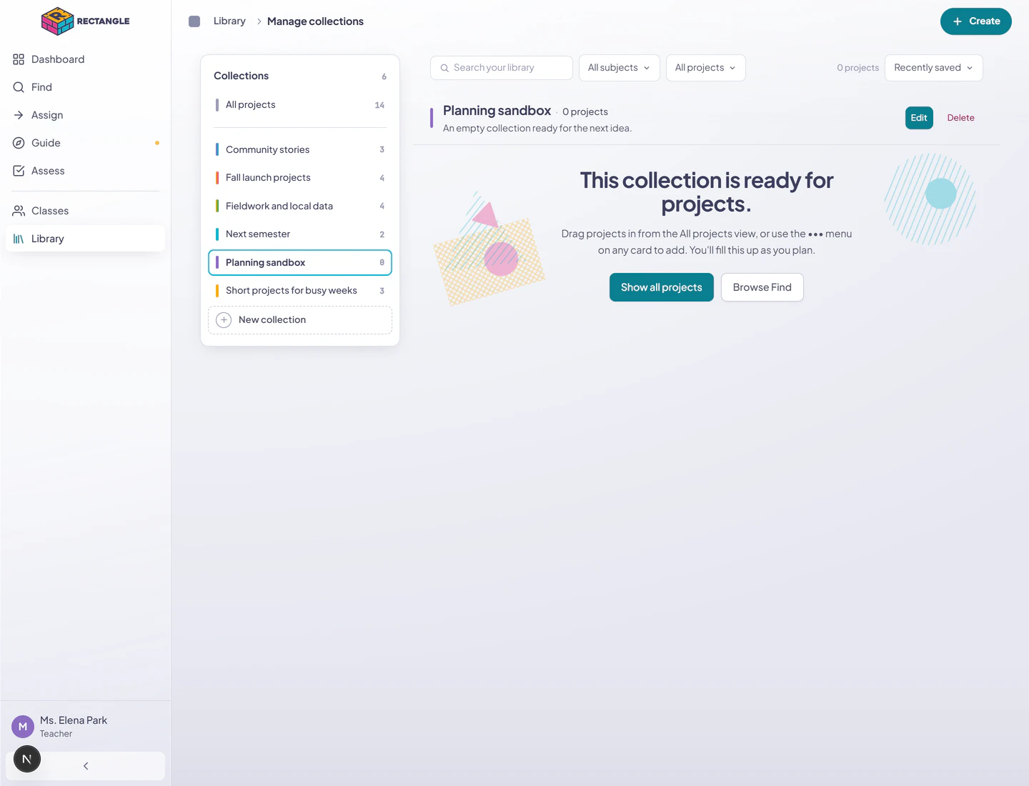An empty Planning sandbox Collection in Manage, with directions to drag from All projects or use a card menu and actions to show all projects or browse Find.