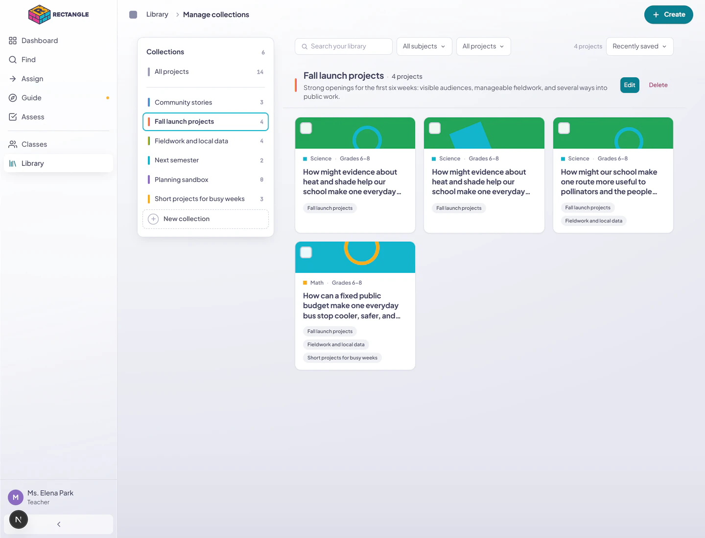 Manage collections with the complete sticky collection list, Fall launch projects selected, search and filter controls, collection details, and four mixed project cards.