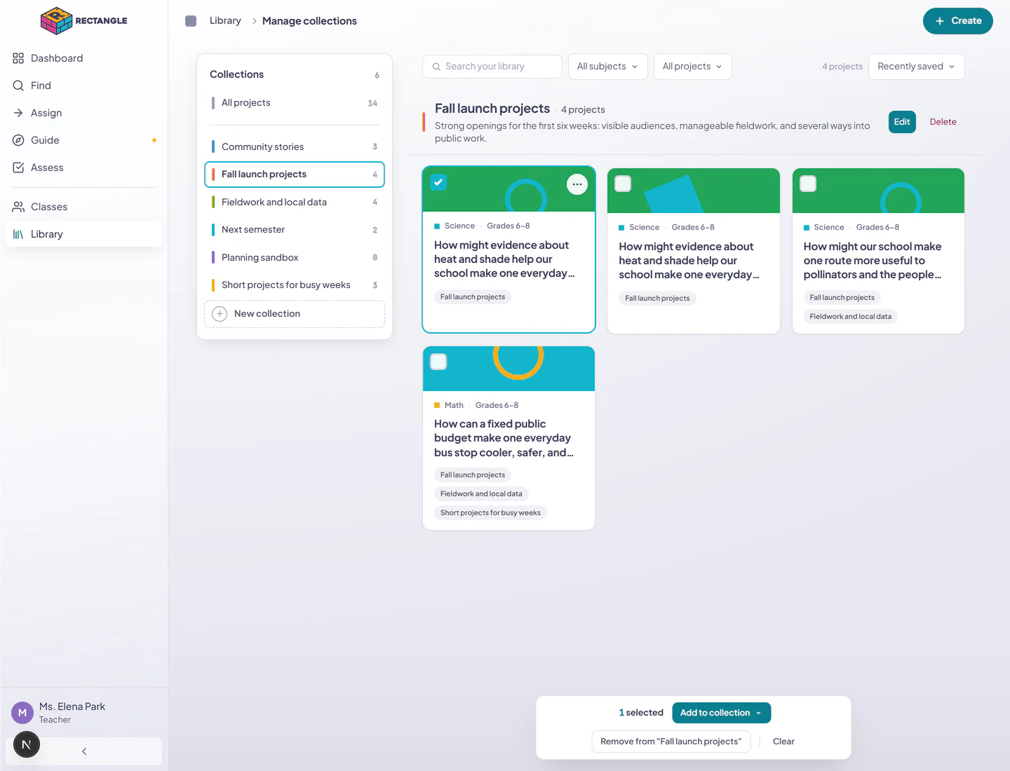 One project selected in Manage collections, with its cyan selection ring and floating actions to add, remove from Fall launch projects, or clear selection.