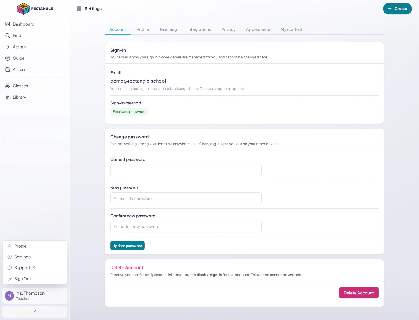 Rectangle Settings in the full product shell with the account menu open and Profile, Settings, Support, and Sign Out visible.