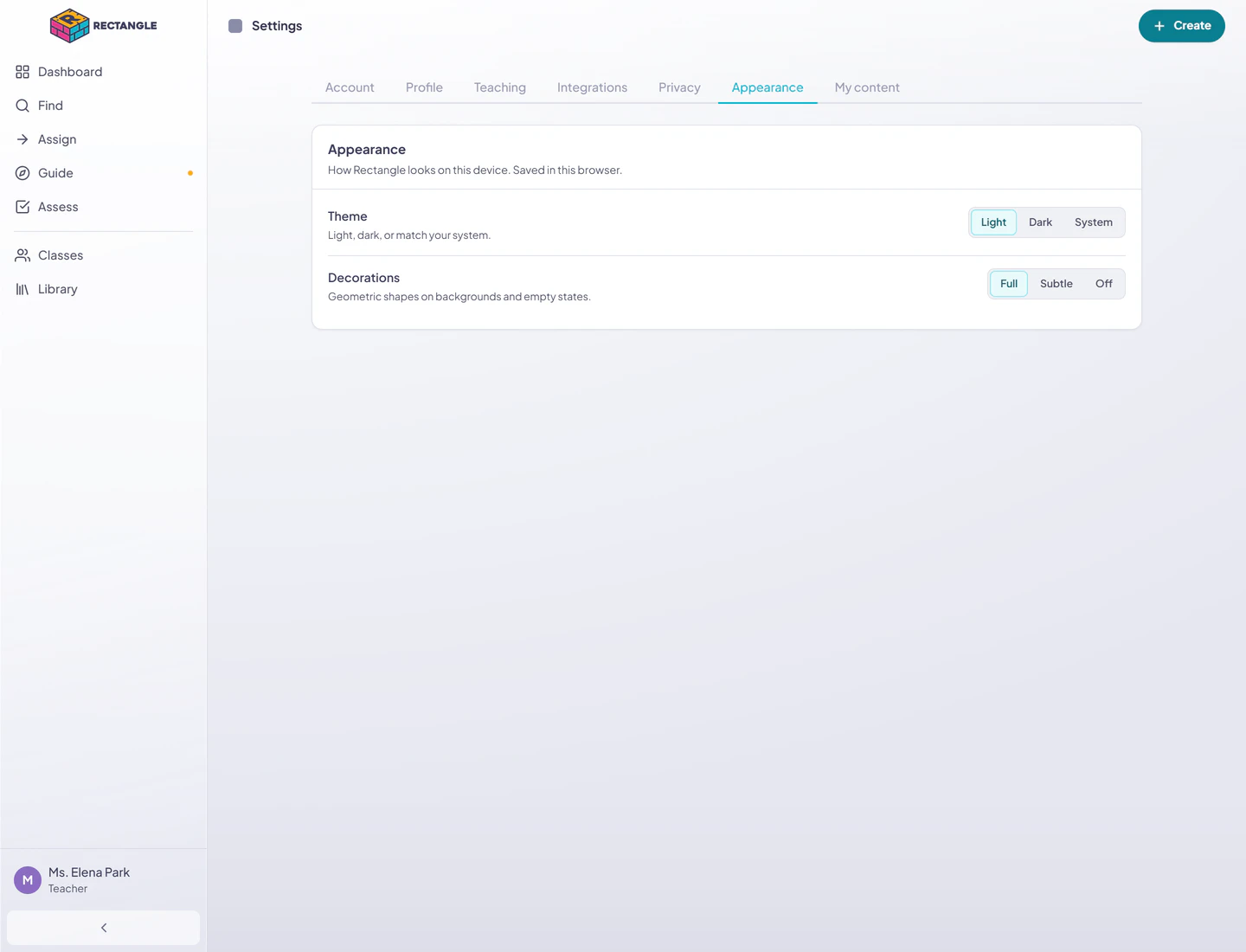 Appearance settings in the full Rectangle shell with light, dark, or system theme and full, subtle, or off decoration choices.