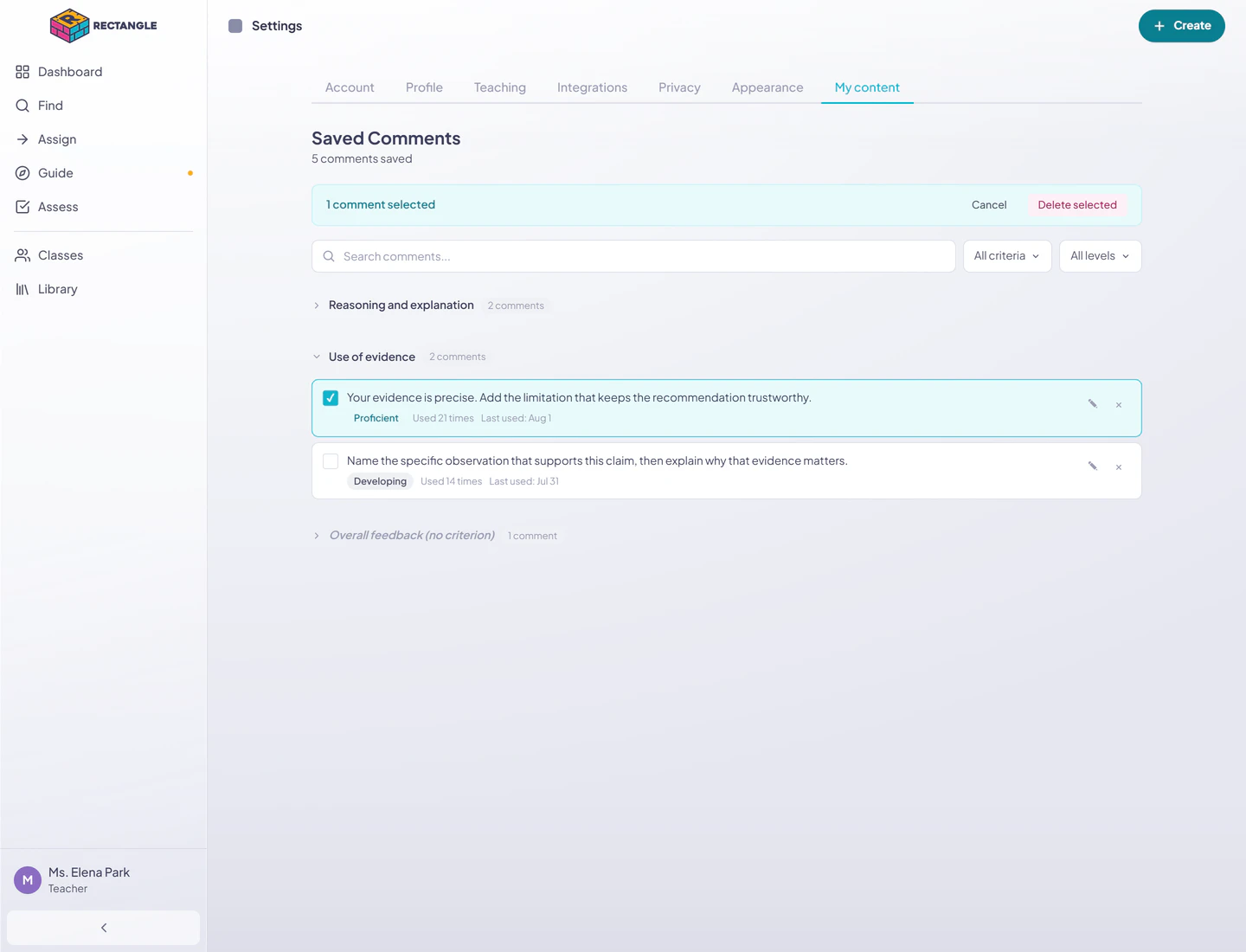 One saved-comment group expanded with proficiency and usage metadata, edit and delete actions, one checkbox selected, and the Delete selected bulk bar visible.
