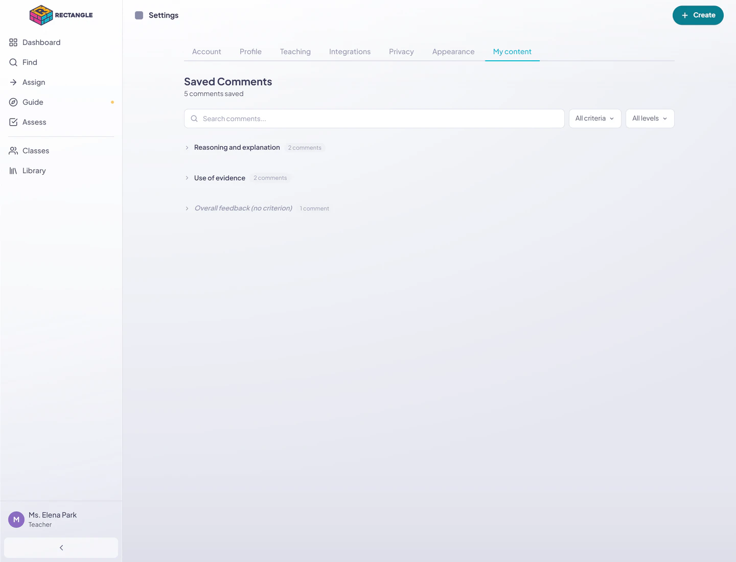 The complete My content tab in the full Rectangle shell, with five saved comments grouped by criterion and search and filter controls above them.