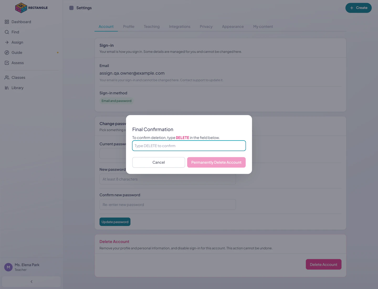 The final teacher account-deletion confirmation requiring the word DELETE before the permanent action becomes available.