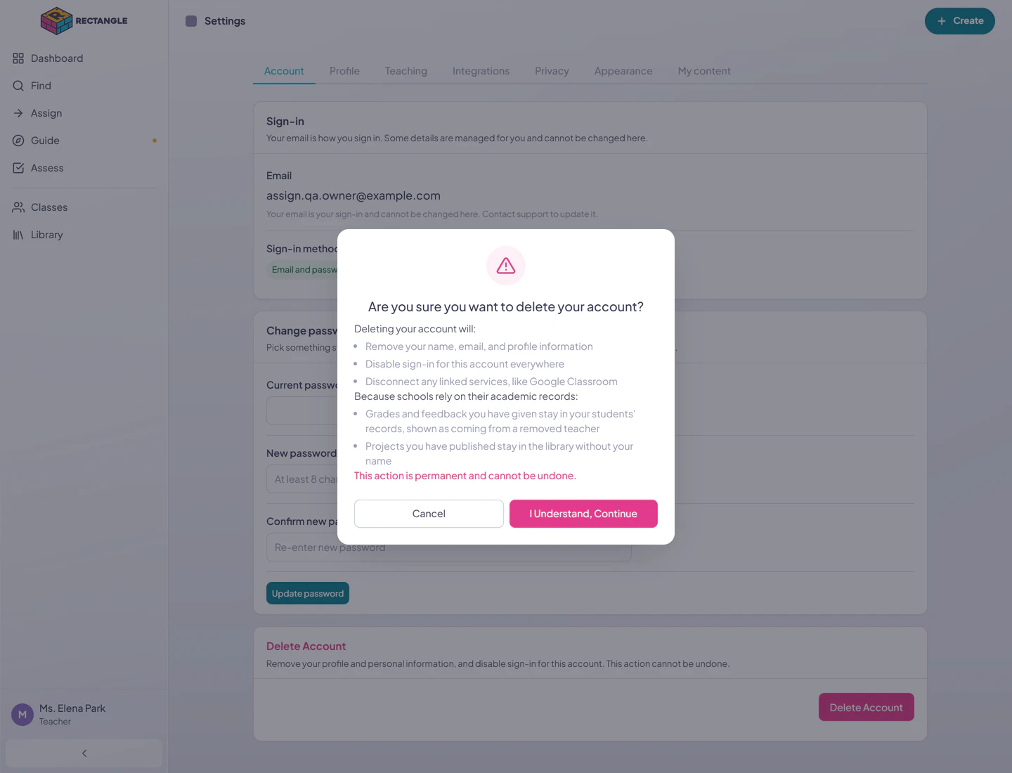 The first teacher account-deletion confirmation over Account settings, separating personal information that is removed from academic records and published projects that remain.