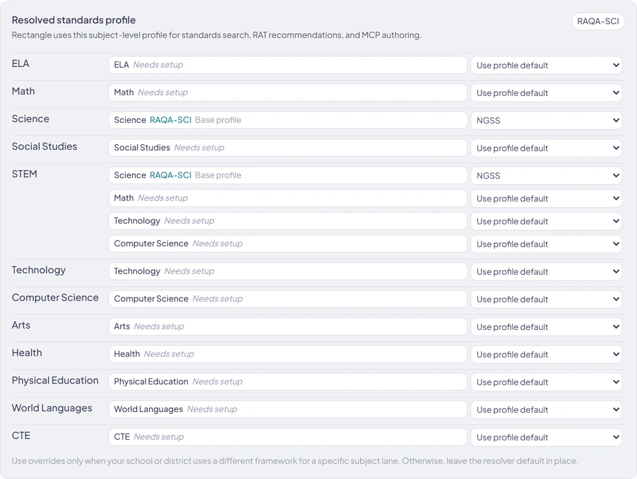 Advanced standards framework settings with the resolved profile summary and subject lanes, including Science resolved from the teacher's NGSS base profile.