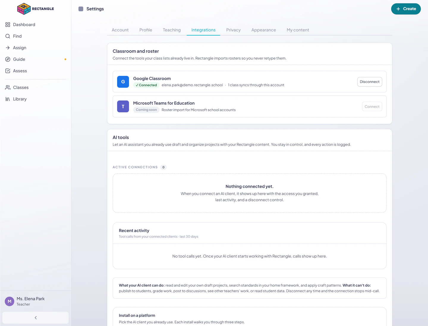 The Integrations tab in Settings with Google Classroom connected to a fictitious school account for one class and Microsoft Teams for Education marked Coming soon.