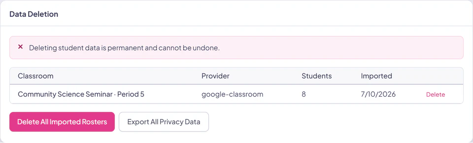 The Privacy data-deletion section with one Google Classroom roster, its Delete action, the all-rosters deletion action, and privacy-data export.