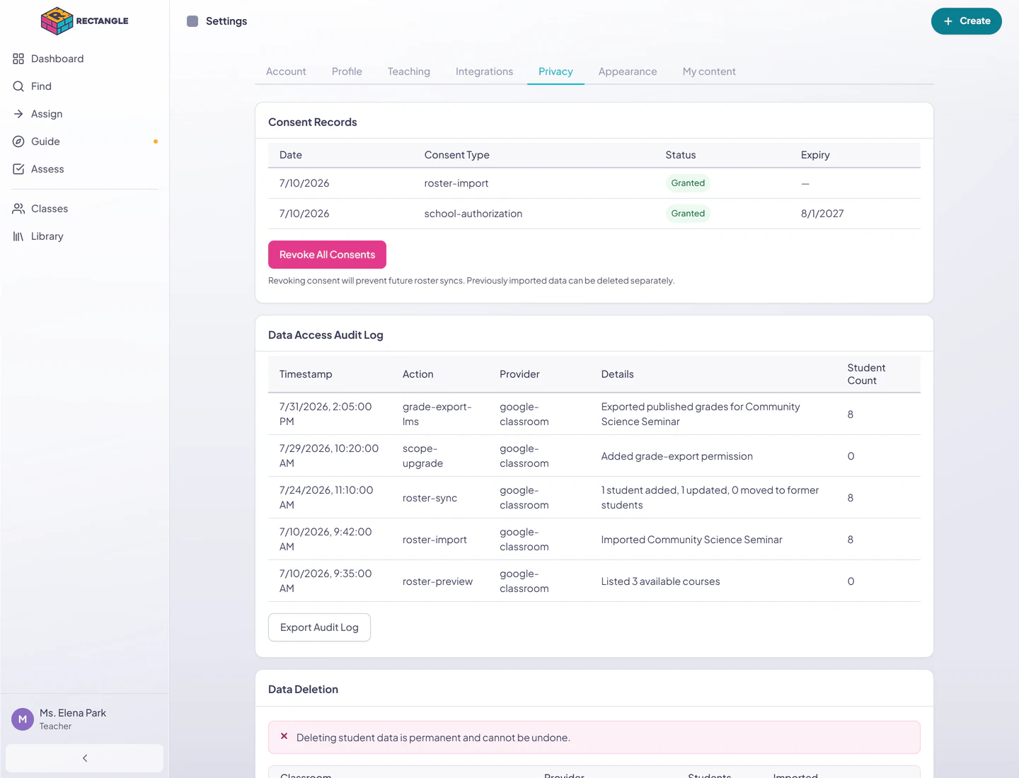 The Privacy tab in the full Rectangle shell with populated roster-import and school-authorization consent records and the activity and data-deletion sections below.