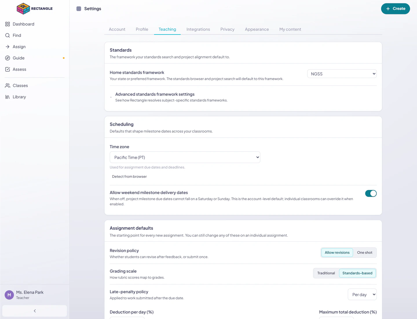 The populated Teaching tab in the Rectangle shell with standards, scheduling, assignment, and classroom defaults visible in one page.