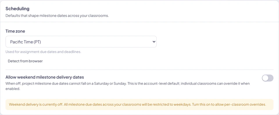 The Scheduling section of a teacher's account settings with time zone and weekend milestone delivery controls.
